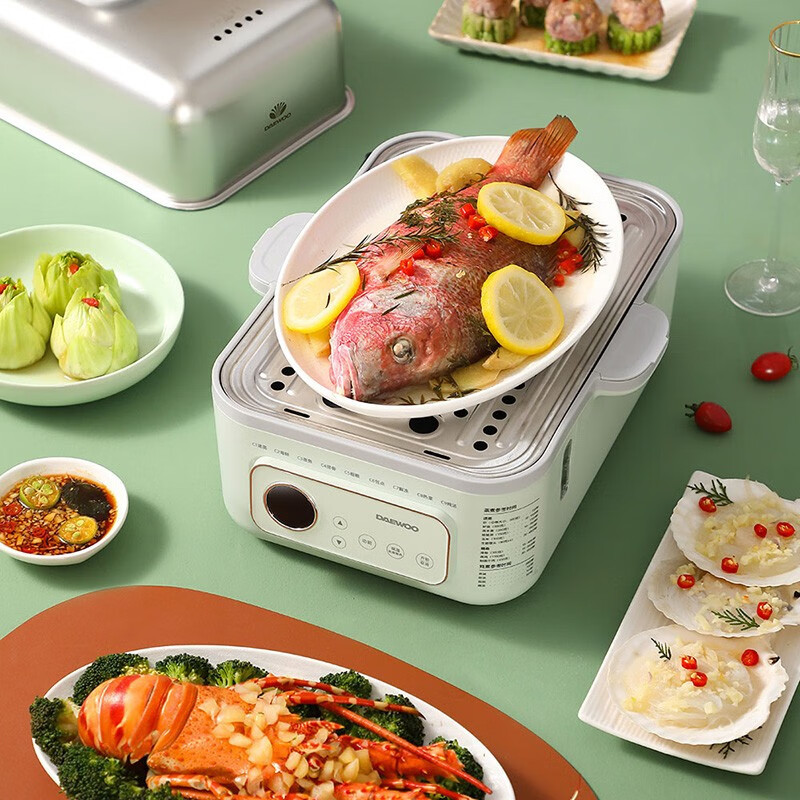 大宇DAEWOO 1500W双层容量14.5L可拆卸多功能电蒸锅 莫兰迪绿 DYZG-1568高清大图