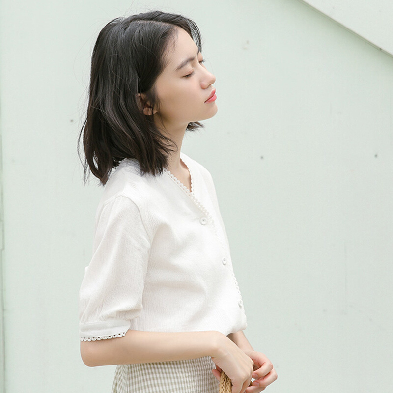 韩范白色漏锁骨棉麻衬衫女夏2018新款亚麻棉短袖衬衣心机中袖上衣白色