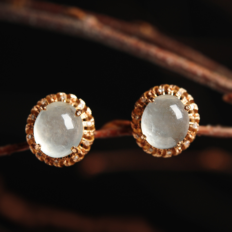 翡翠冰种耳钉18k镶嵌玉石蛋面耳坠女款镂空耳环圆形耳饰品带证书送女