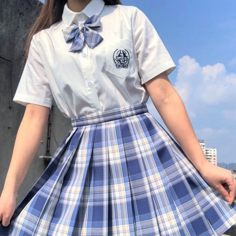 日系合集jk制服百褶裙女格裙沙华星野裙子套装学生制服12岁学院风 短袖刺绣皓海单件(不含领结) XS