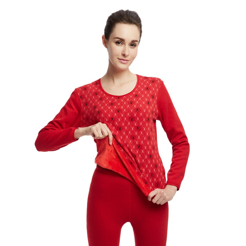 【断码清仓】花花公子女士保暖内衣女加绒加厚套装棉印花圆领高清大图