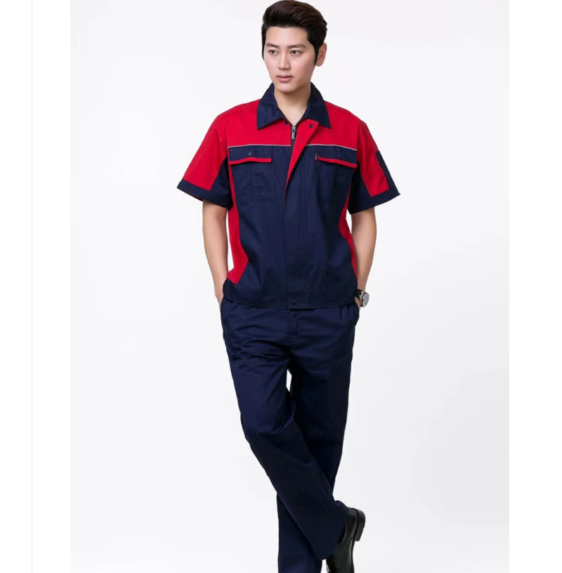 尹潮 XM-301夏季薄款反光条纯棉短袖工作服套装 藏青+浅灰 L码/套高清大图