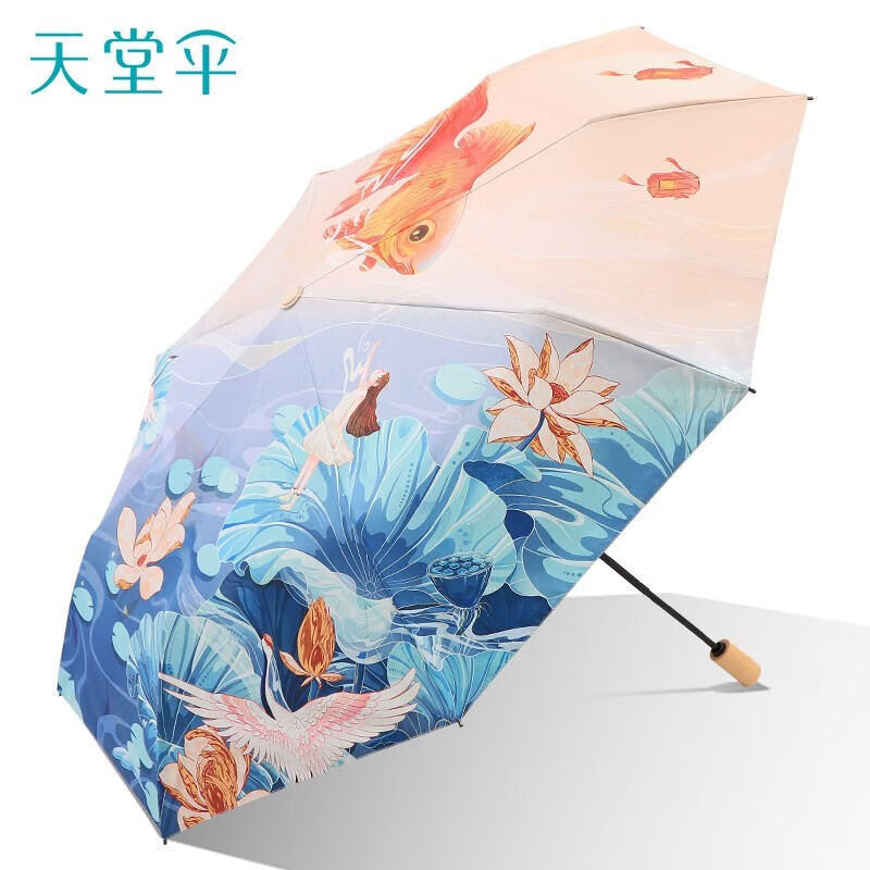 天堂伞 双层防晒黑胶太阳伞UPF50+防紫外线晴雨伞三折中国风女士遮阳伞55CM*8K 38043E渔高清大图