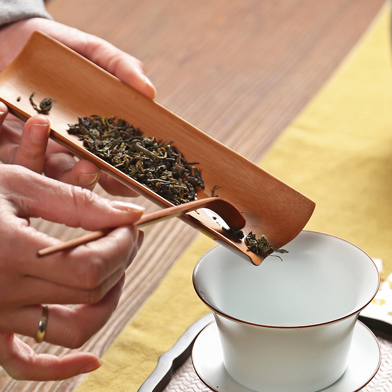竹制茶道三件套装 茶针茶勺茶则赏茶盒 手造赏茶荷茶具六君子套件|初茶三件套+收纳袋[藏蓝]