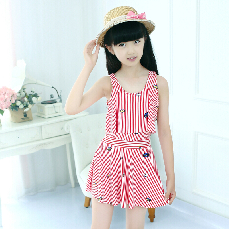 儿童泳衣泳帽泳镜套装女孩10岁女童中大小童连体公主裙式