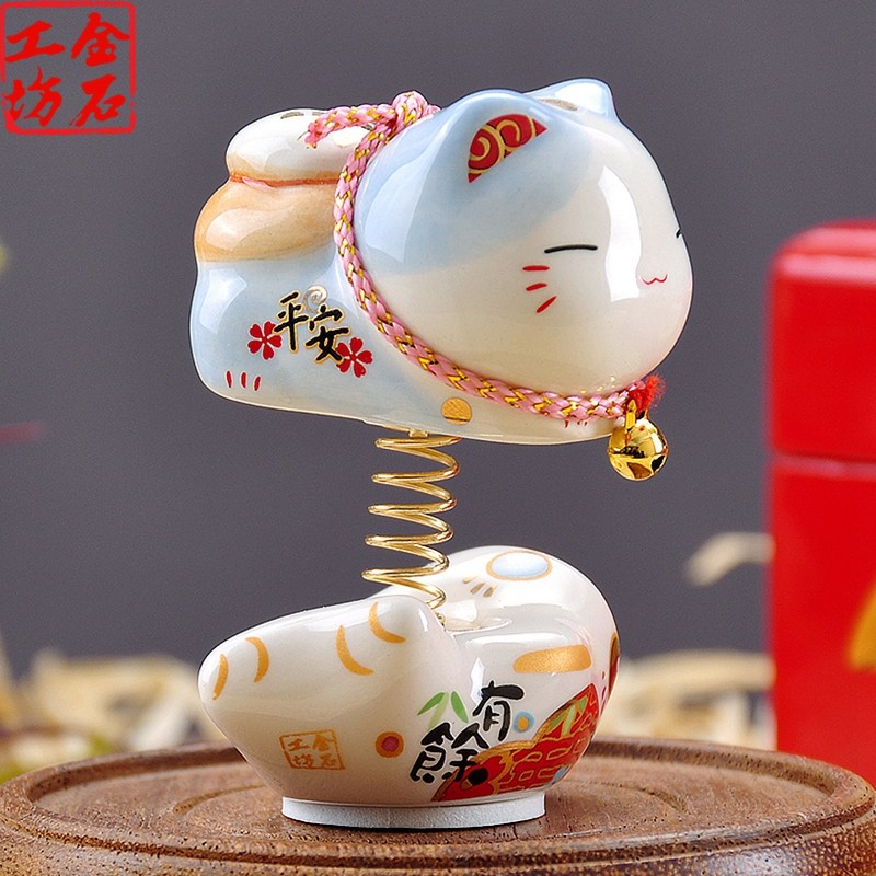 猫汽车摆件弹簧公仔陶瓷摇头娃娃车仔送朋友平安车饰 三维工匠 SE6023平安富贵猫高清大图