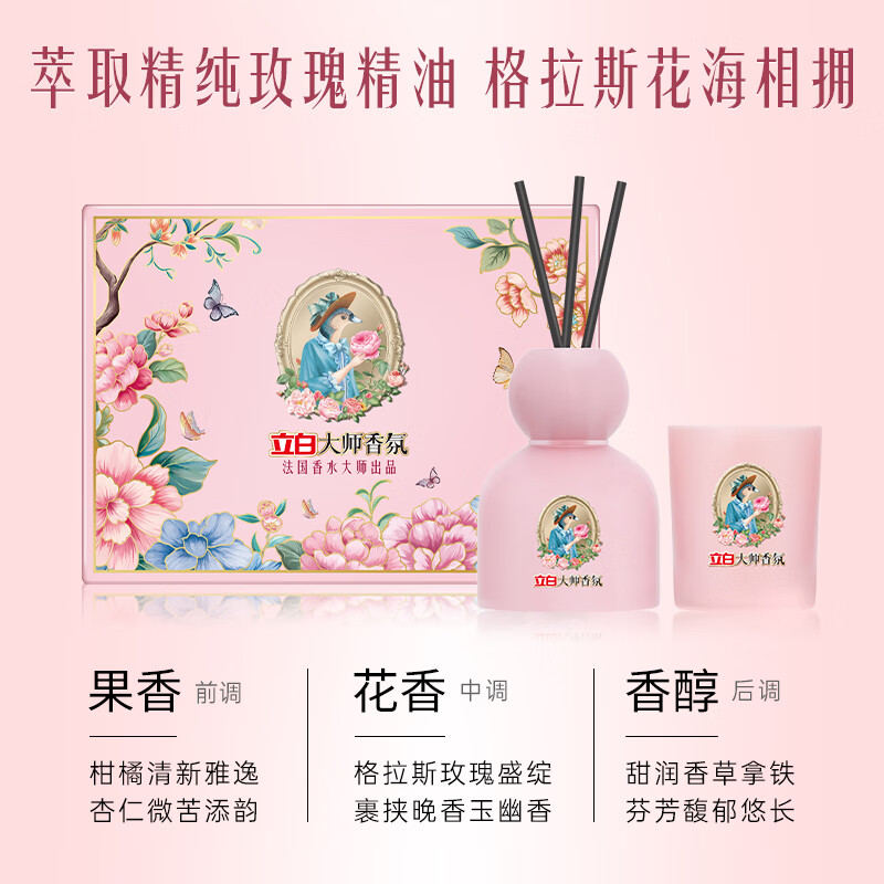 立白大师香氛梦幻格拉斯玫瑰香氛礼盒(60g蜡烛+80ml香薰)高清大图