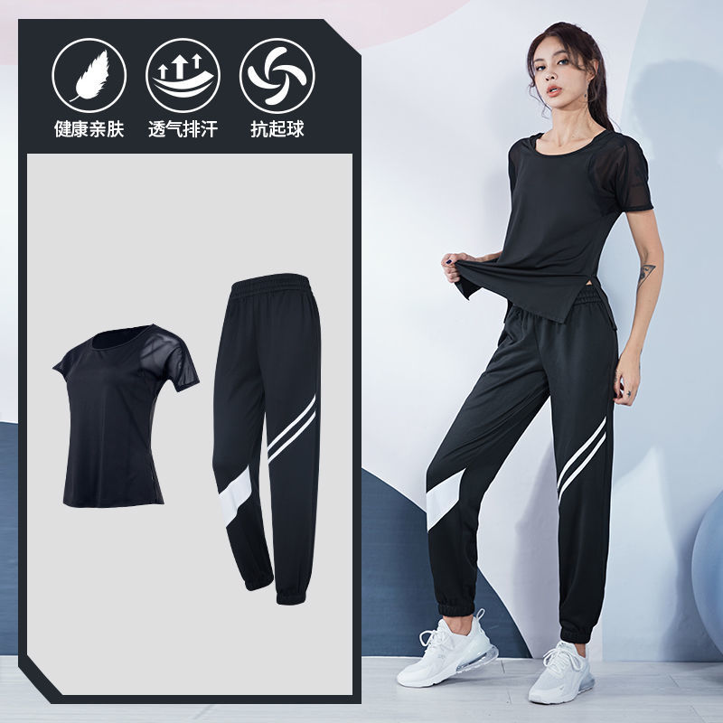 健身套装女宽松休闲跑步速干衣宽松显瘦初学者瑜伽服网红运动套装 【短袖】黑色两件套FTC11162 M