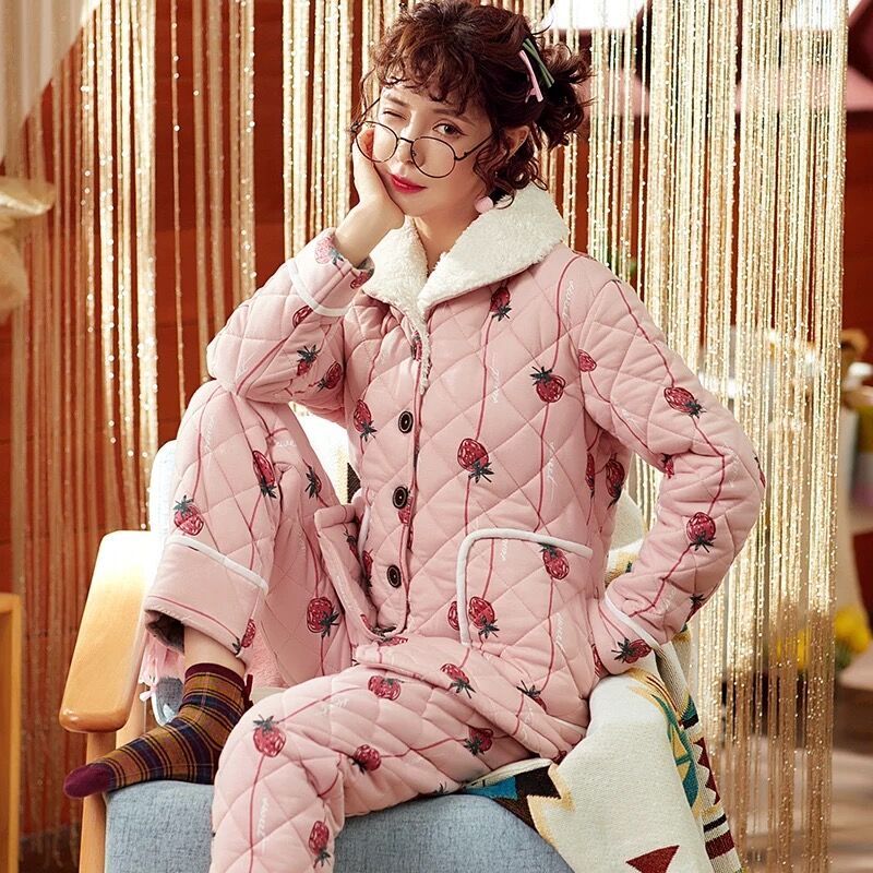 玫薇儿夹棉睡衣女冬季三层加厚保暖纯棉长袖冬款大码棉袄冬天家居服