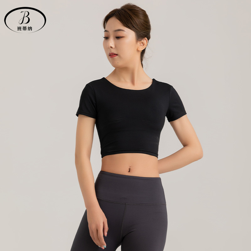班蒂纳瑜伽服加宽下围运动裸感短袖带胸垫速干健身t恤y21120501
