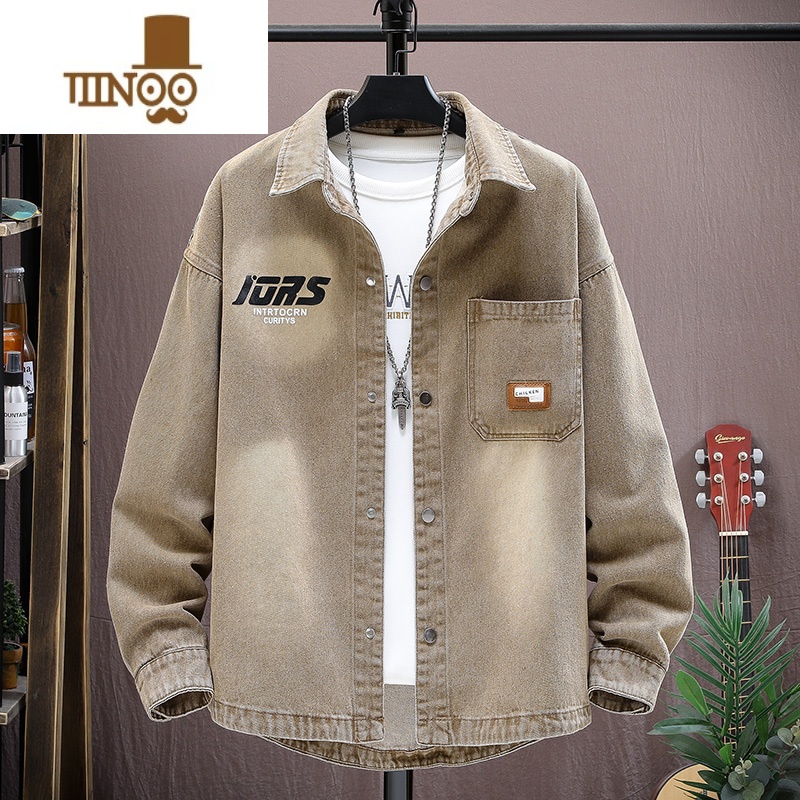YANXU牛仔衬衫男长袖宽松潮牌上衣服休闲痞帅青少年翻领夹克外套高清大图