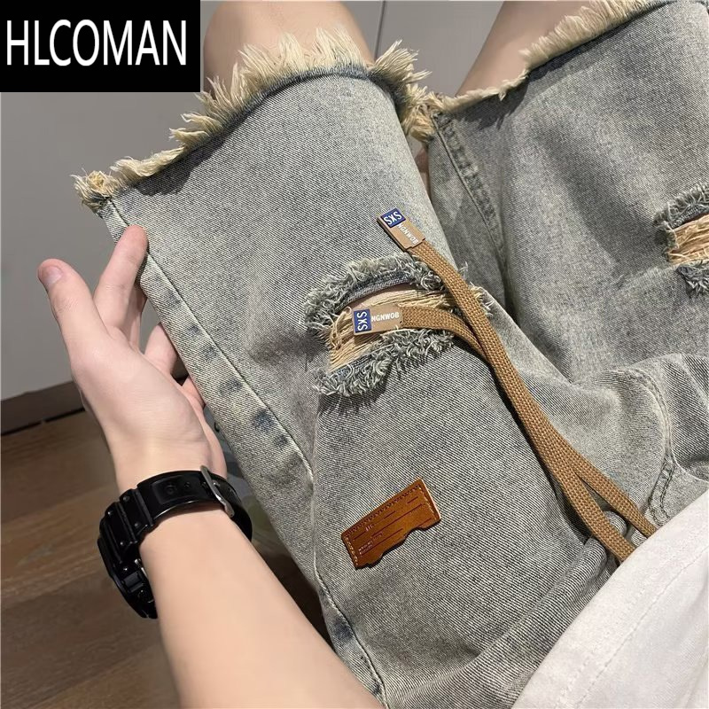 HLCOMAN水洗破洞牛仔短裤男夏季潮牌美式痞帅休闲裤子毛边炸街设计感中裤