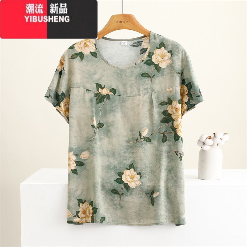 YIBUSHENG季棉绸短袖上衣女薄款宽松大码妈妈人造棉圆领T恤衫中老年装高清大图