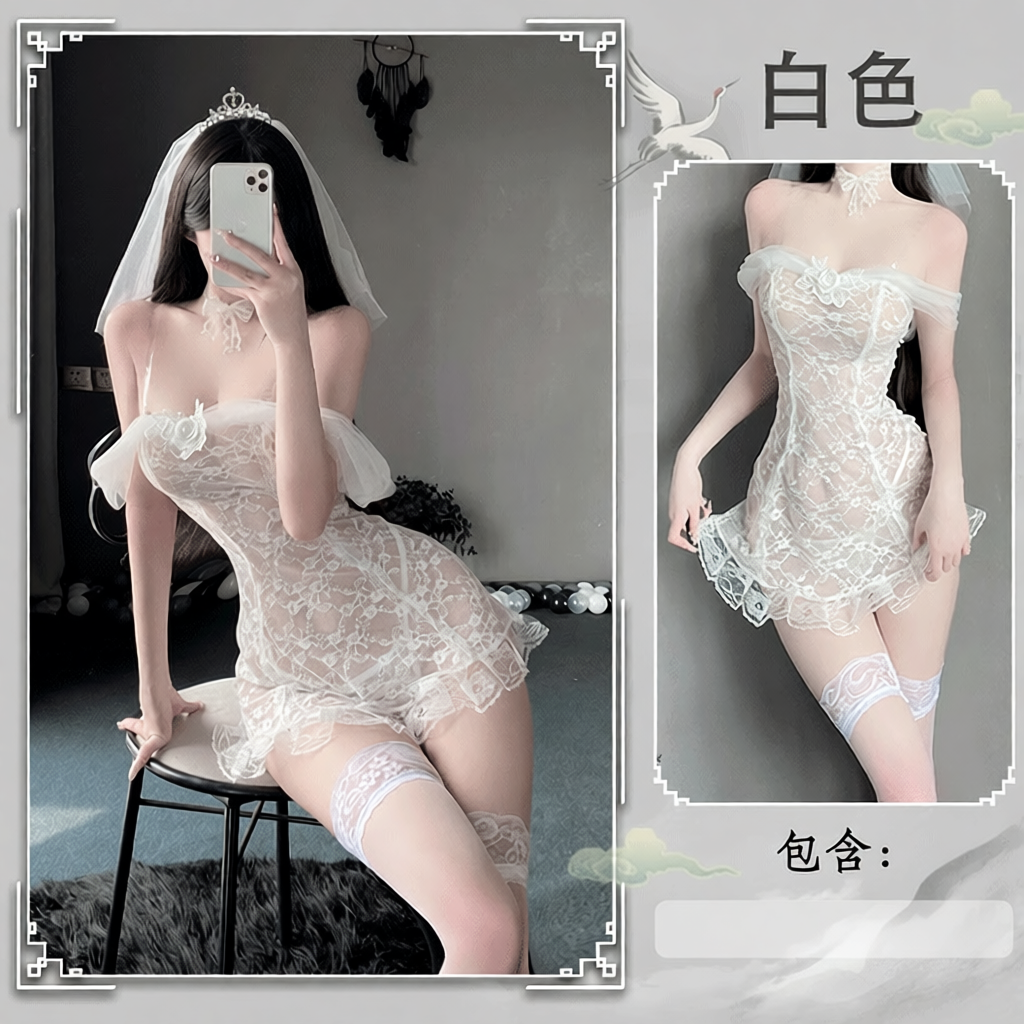 硕遥新娘婚纱套装制服辣妹性感吊带连衣裙一字肩蕾丝睡衣诱惑275 ◆唯美新娘◆(白)【皇冠头纱+蕾丝颈环+连身裙+透明肩带