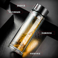 天喜(TIANXI)玻璃杯 双层加厚家用水杯男大容量泡茶杯便携带盖个人专用杯女士杯子 本色350ml