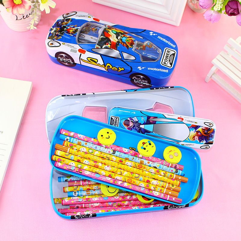 小学生文具盒男女孩双层汽车多功能可爱铅笔盒铁质笔袋儿童礼品