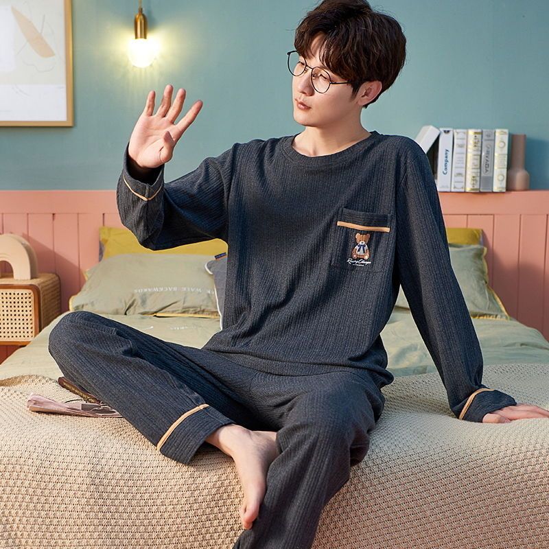 高档男士睡衣长袖青年学生春秋季新款大码家居服套装可外穿冬高清大图