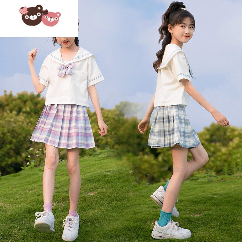绿彩虹光女童连衣裙夏装洋气儿童水手服公主裙子夏季jk制服套装学院风