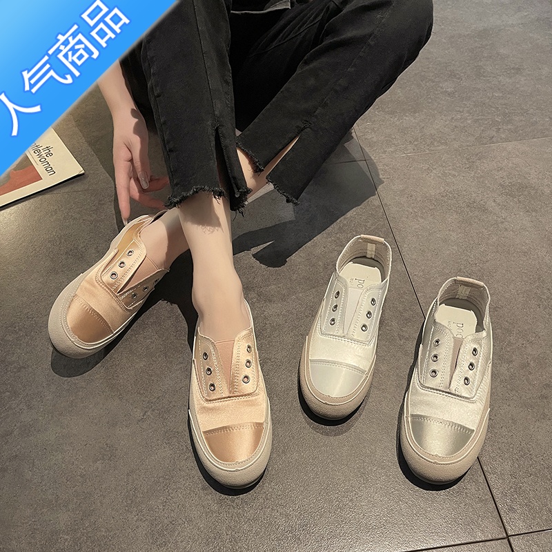 SUNTEK时尚圆头系带小白鞋女2022年夏季新款超火一脚蹬休闲运动帆布单鞋高清大图