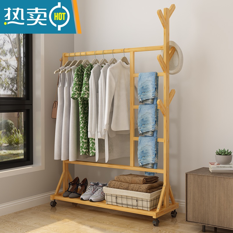 敬平衣帽架落地卧室挂衣架简易家用室内晾衣架衣服折叠网红宿舍置物架 [宿舍款]80宽 带滑轮 优质楠竹+可拆洗布套高清大图