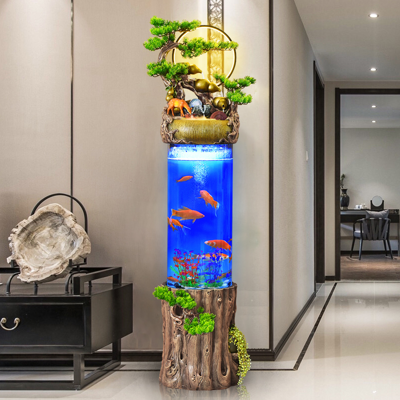 新中式流水生财鱼缸摆件客厅落地圆柱形金鱼缸免换水景喷泉加湿器