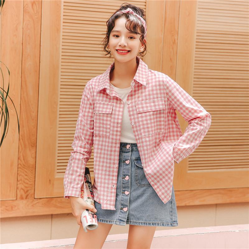 尤柯鸟yoekbird新春优惠时尚韩潮春装粉色宽松长袖上衣chic格子衬衫女