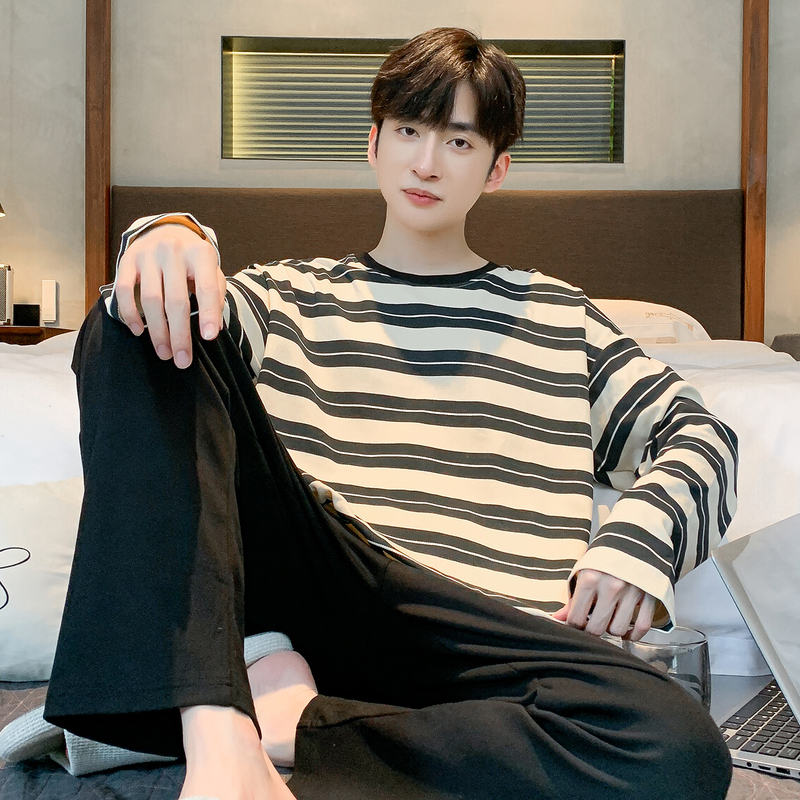 100%纯棉睡衣男士春秋款长袖休闲秋冬青少年大码可外穿家居服套春高清大图