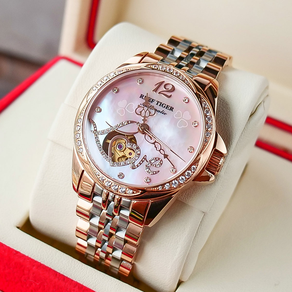 瑞夫泰格(reef tiger)品牌手表全自动机械表女表进口机芯镶钻镂空女士精钢带花瓣设计个性时尚防水潮流腕表1583 玫金白面钢带