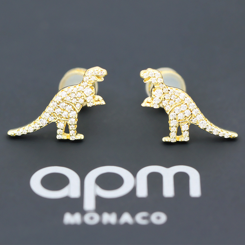 [apm MONACO]925银耳饰恐龙耳钉女士薄荷绿土豪金两色穿孔饰品镶晶钻个性动物耳环欧美风格