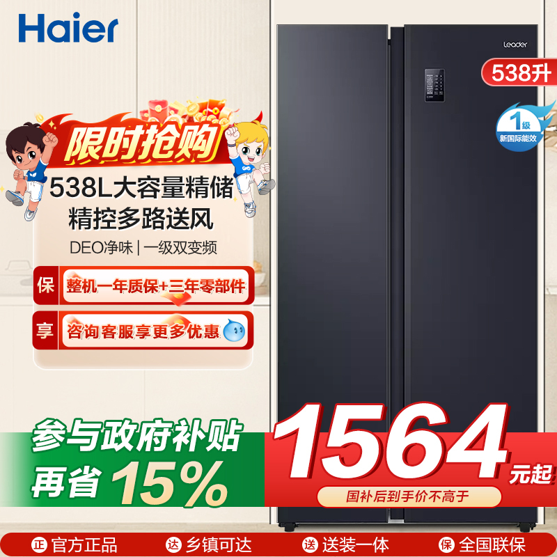 统帅(leader)海尔出品 538升对开门冰箱 DEO净味 一级双变频 超薄嵌入冰箱 BCD-538WGLSSEDBX