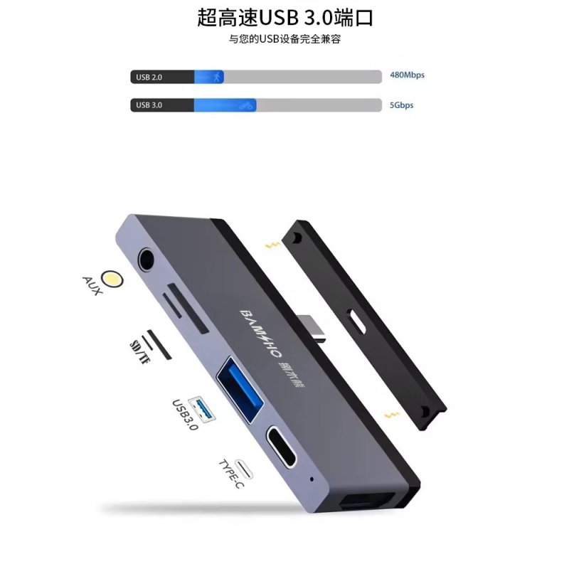捌木熊 GJC-JXQ00003 侧边直插 集线器(扩展坞)6合一(单位:个) 银灰色 企业保密款