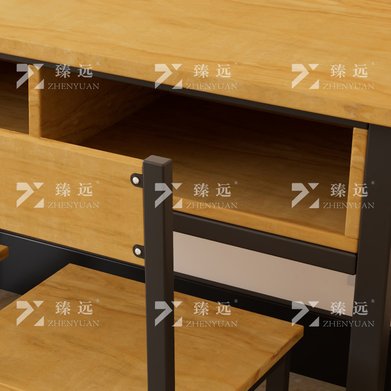 臻远ZY4082148 学生课桌椅双层带抽屉培训班学习桌学校辅导班教室双人桌 胡桃色含椅子+黑架1200*600*800高清大图