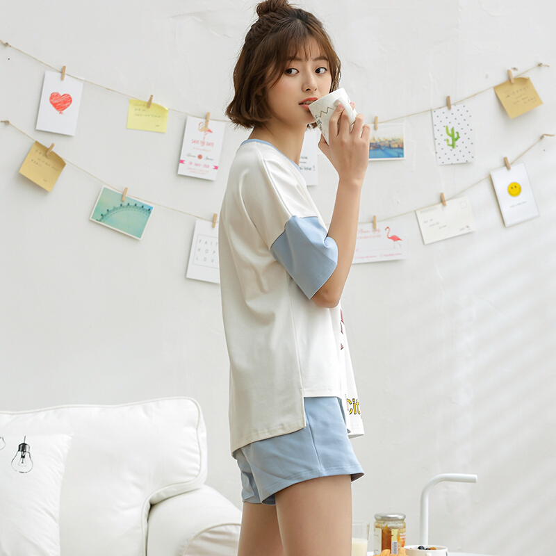 睡衣女夏纯棉短袖韩版宽松薄款甜美可爱居家服短裤可外穿家居服白色