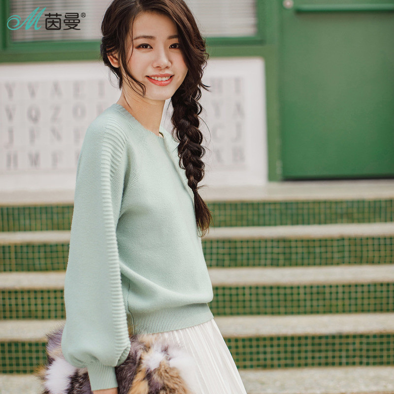 茵曼inman冬装女装圆领灯笼袖净色百搭套头毛衣女【f1874132591】
