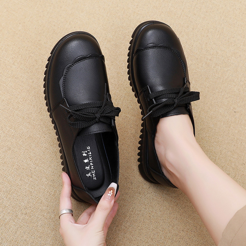 新款系带真皮休闲时尚百搭女式单鞋中老年妈妈鞋