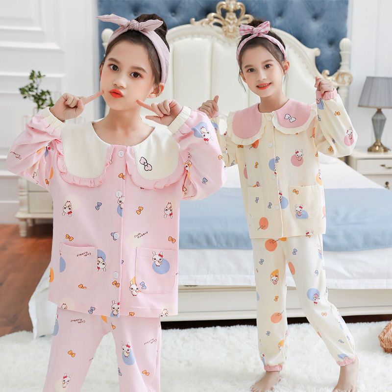 女童家居服套装睡衣秋冬季纯棉长袖韩版可爱儿童公主风长裤两件套