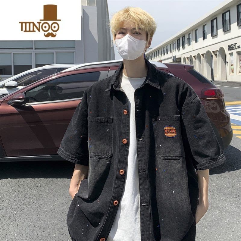 YANXU牛仔短袖衬衫男生夏季新款潮牌水洗做旧衬衣美式复古宽松休闲外套图片