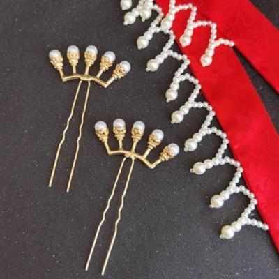 宋制珍珠发带古风排簪绢花后压围鬓明制头饰套装珍珠发带金五珠一对