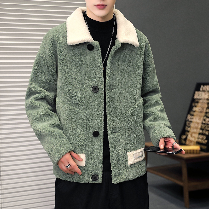 yuansu羊羔绒外套男士青年潮牌颗粒绒夹克加厚休闲棉衣帅气白色男装