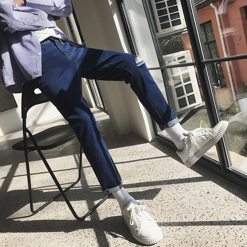 夏款男生韩版修身青少年休闲裤气质百搭九分裤纯色直筒破洞牛仔裤