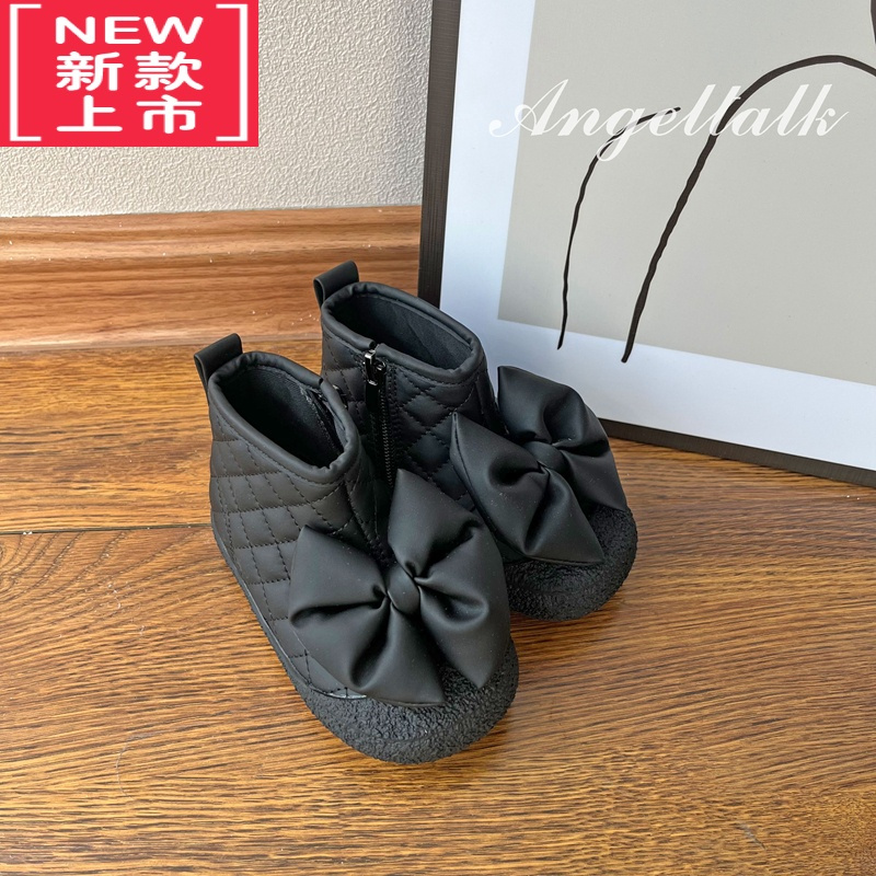 可莉允女童靴子秋冬款2022蝴蝶结单靴加绒公主鞋儿童短靴女宝宝鞋子洋气