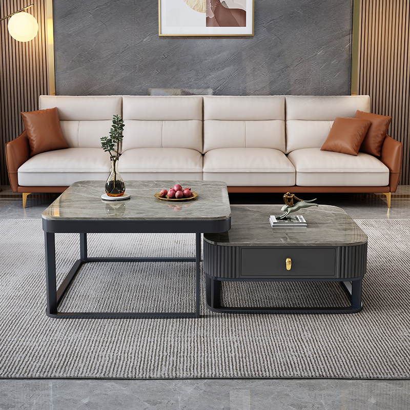 青木川 轻奢意式灰色系岩板电视柜茶几组合套装伸缩台极简客厅岩板落地电视墙柜现代简约茶几组合地台矮柜高清大图