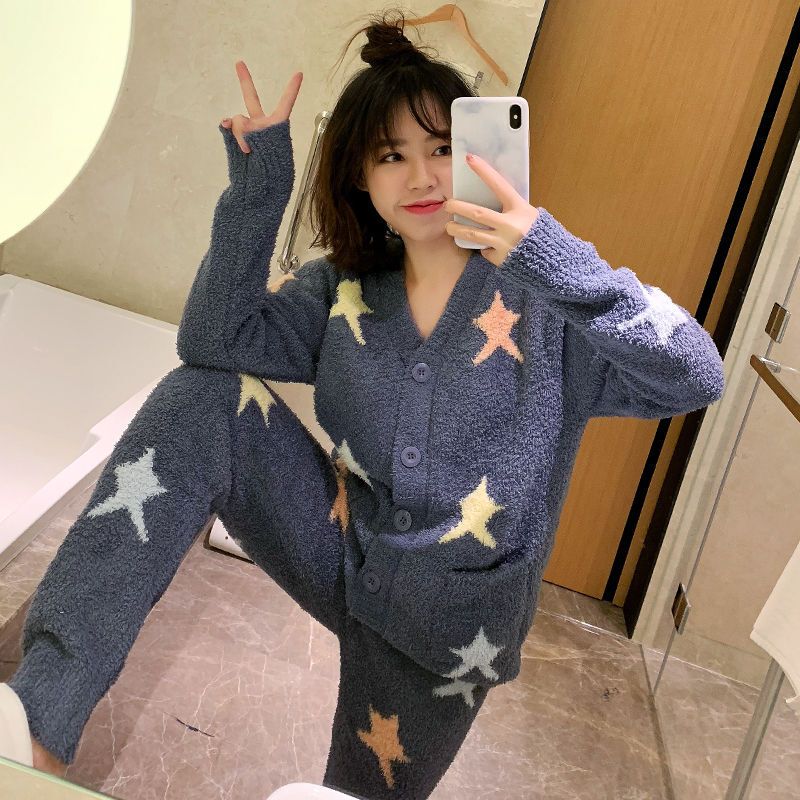 波迷娜(BOMINA)星星软绵绵睡衣女冬可爱加厚保暖冬季套装日系月子服服 彩色星星 均码
