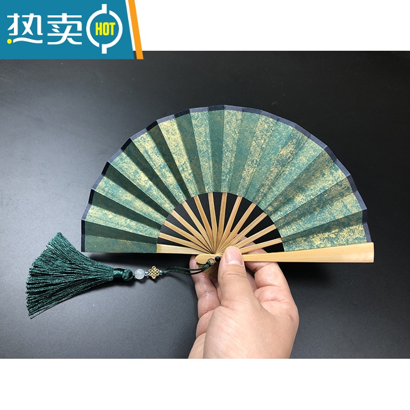 XIANCAI小号玉竹扇迷你小扇子彩色宣纸折扇袖珍儿童拍照表演娃娃扇流苏扇 墨绿色鎏金+玉竹扇骨 送扇袋扇穗 不题字 5高清大图