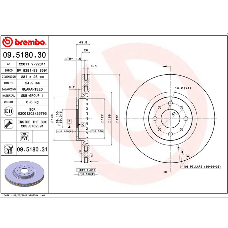 布雷博(brembo)前盘09.5180.31适配08-11款博悦 1.4T(对装)