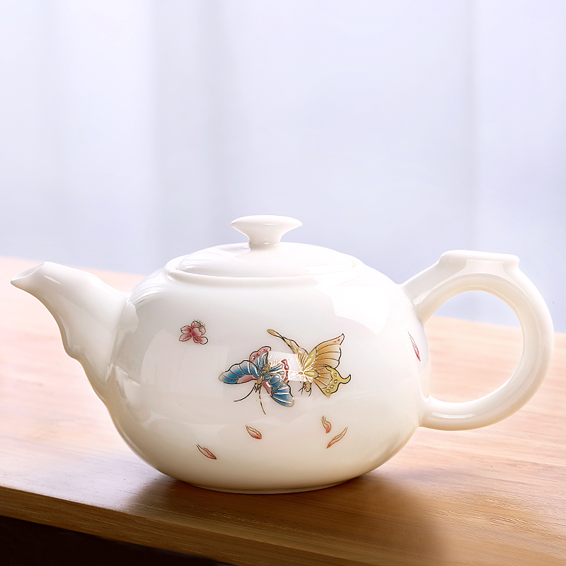 常生源 茶壶 陶瓷功夫茶具 羊脂玉白瓷品茗壶 浮雕手工堆花 礼盒装 蝶韵茶壶220ml高清大图