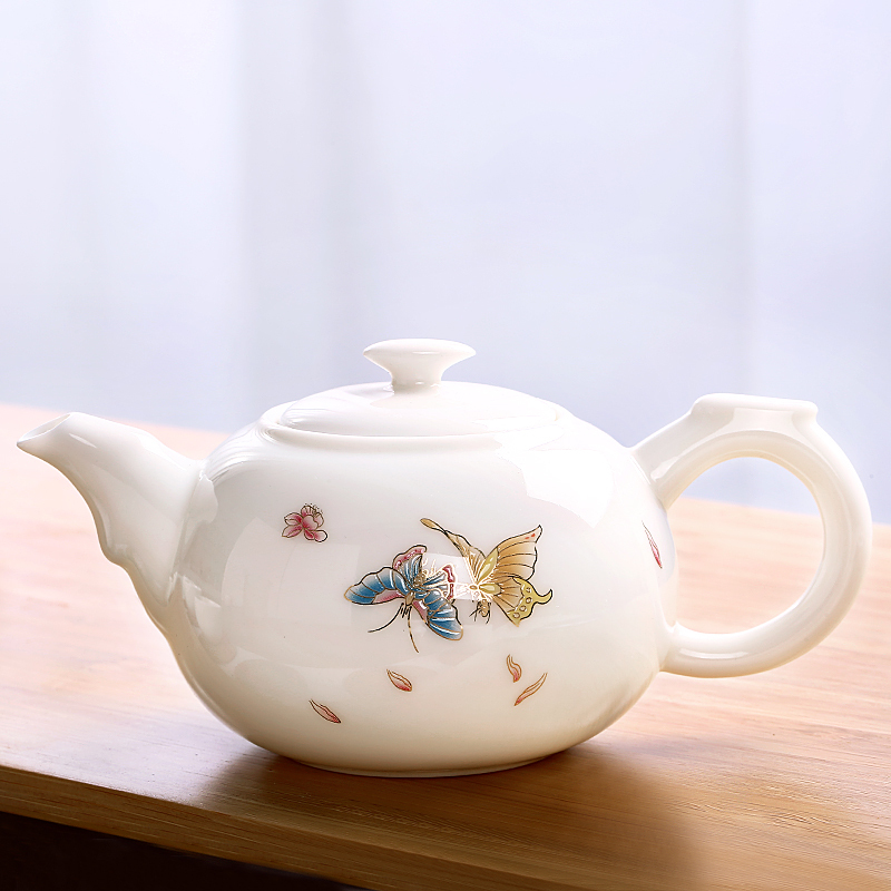 常生源 茶壶 陶瓷功夫茶具 羊脂玉白瓷品茗壶 浮雕手工堆花 礼盒装 蝶韵茶壶220ml