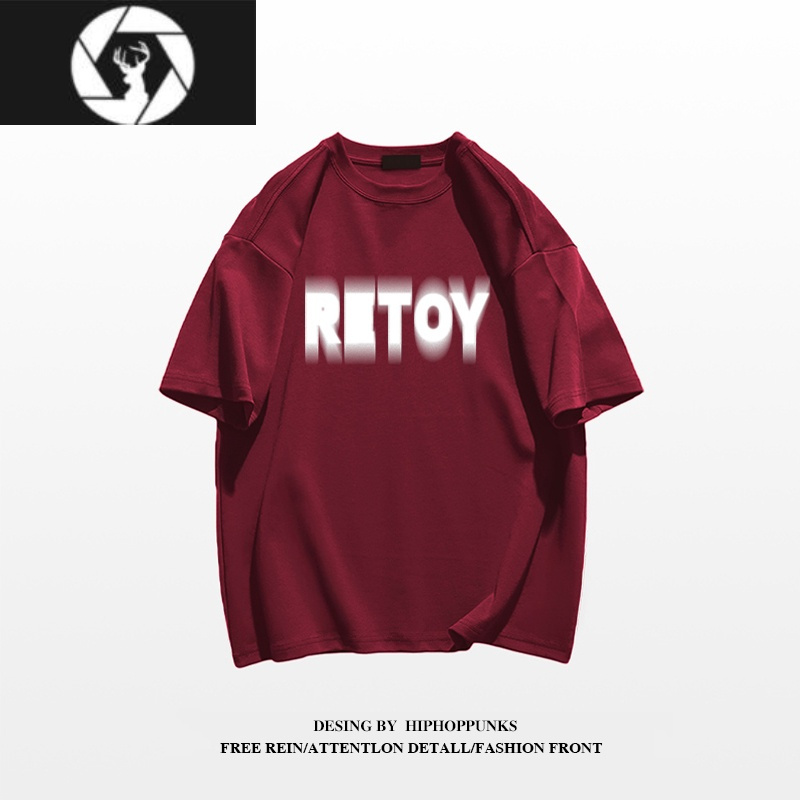 hongzun美式t恤大码宽松短袖酒红色男士欧美上衣男