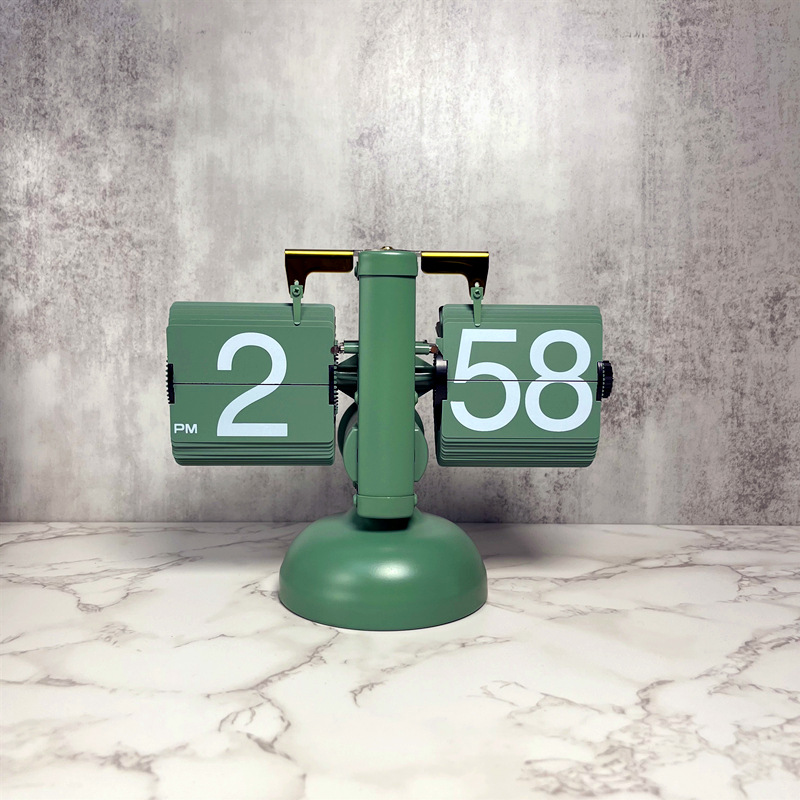 欧式自动翻页钟复古简约家居客厅座钟小天平机械自动翻页时钟【2】 新款牛油果绿