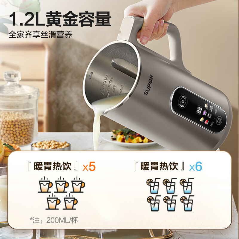 苏泊尔(SUPOR)家用豆浆机 1.2L多功能全自动免滤破壁机彩屏304级不锈钢可预约料理机搅拌机 DJ12B-P39E高清大图